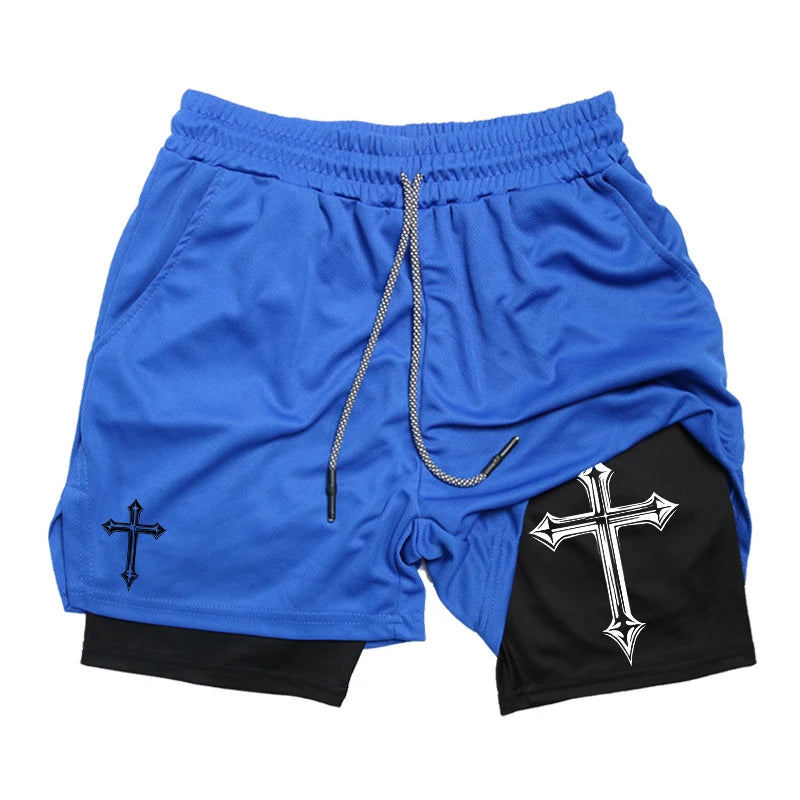 Shorts de corrida 2 em 1 com estampa cruzada para homens, shorts atléticos de academia cristã com forro de compressão, bolso para telefone, laço de toalha