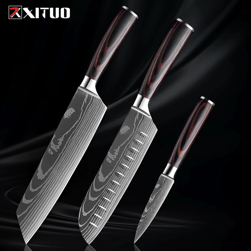 Xituo conjunto de faca de cozinha 1-9 peças, 7cr17mov aço inoxidável afiada faca de chef santoku faca de frutas cabo ergonômico pakkawoodXituo conjunto de faca de cozinha 1-9 peças, 7cr17mov aço inoxidável afiada faca