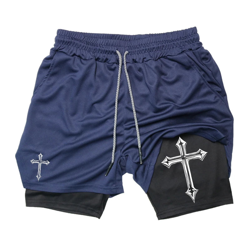 Shorts de corrida 2 em 1 com estampa cruzada para homens, shorts atléticos de academia cristã com forro de compressão, bolso para telefone, laço de toalha