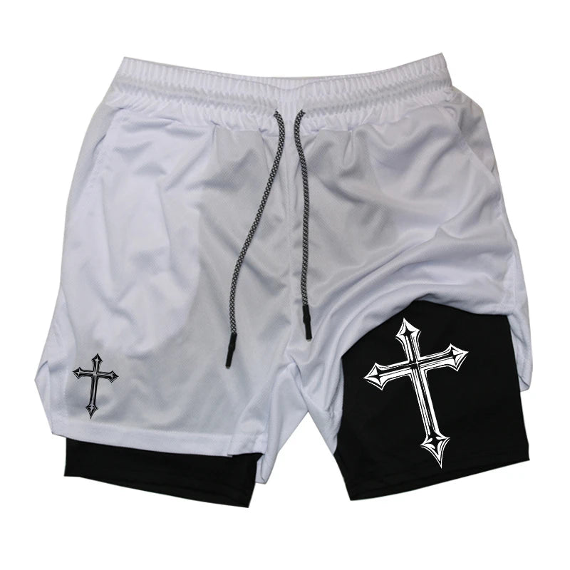 Shorts de corrida 2 em 1 com estampa cruzada para homens, shorts atléticos de academia cristã com forro de compressão, bolso para telefone, laço de toalha