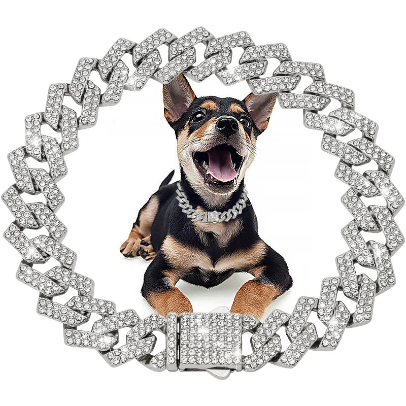 Coleira cubana de diamante para cachorro, corrente de metal para caminhada com fivela segura, acessórios de joias para gatos e animais de estimação