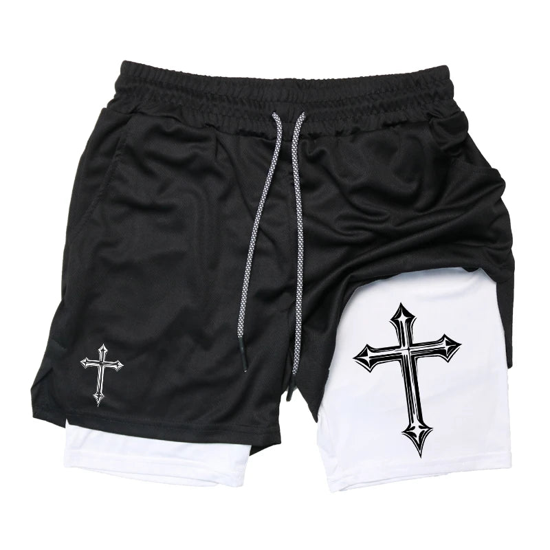 Shorts de corrida 2 em 1 com estampa cruzada para homens, shorts atléticos de academia cristã com forro de compressão, bolso para telefone, laço de toalha