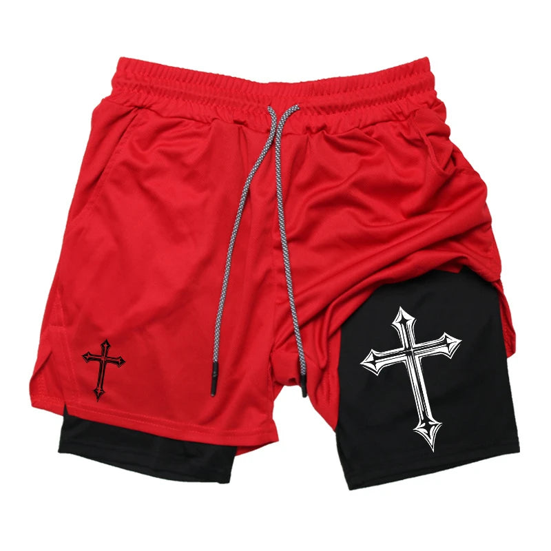 Shorts de corrida 2 em 1 com estampa cruzada para homens, shorts atléticos de academia cristã com forro de compressão, bolso para telefone, laço de toalha