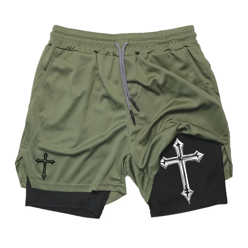 Shorts de corrida 2 em 1 com estampa cruzada para homens, shorts atléticos de academia cristã com forro de compressão, bolso para telefone, laço de toalha