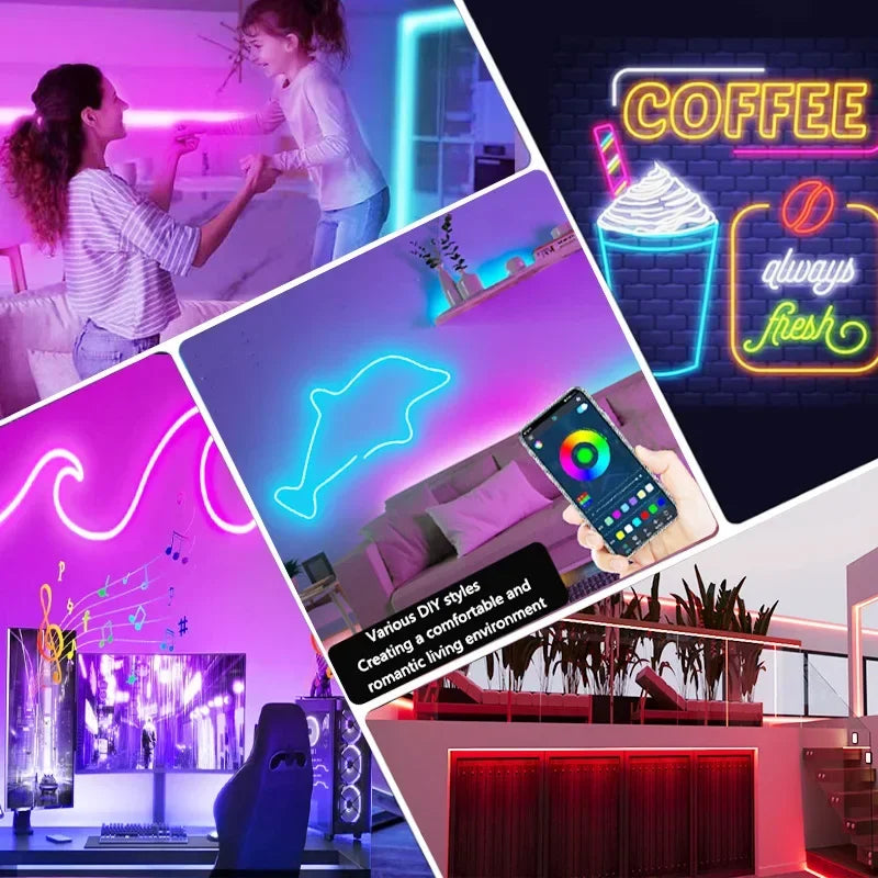 Fita de led neon rgb, 1/2/3/5m, ip65, à prova d'água, faça você mesmo, usb, controle remoto, aplicativo tuya, fita flexível para iluminação de decoração de casa