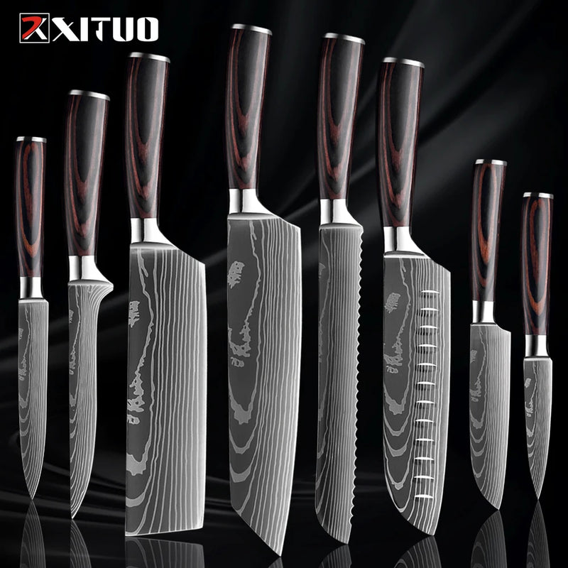 Xituo conjunto de faca de cozinha 1-9 peças, 7cr17mov aço inoxidável afiada faca de chef santoku faca de frutas cabo ergonômico pakkawoodXituo conjunto de faca de cozinha 1-9 peças, 7cr17mov aço inoxidável afiada faca