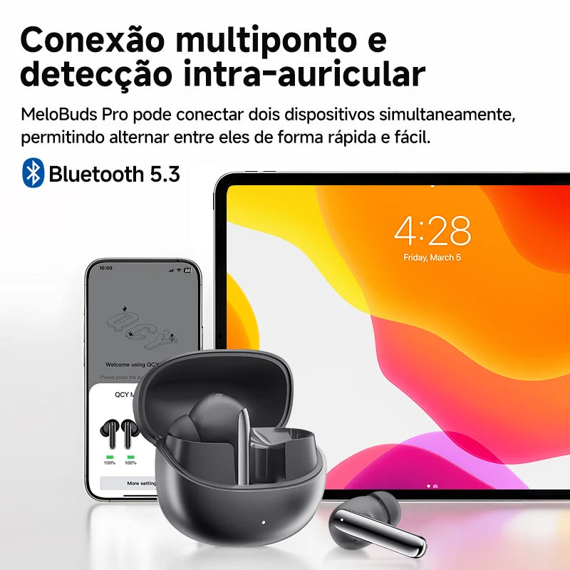 Qcy melobuds pro anc bluetooth 5.3 fones de ouvido sem fio 46db híbrido anc hi-res ldac fones de ouvido 6 microfone 34h detecção in-ear