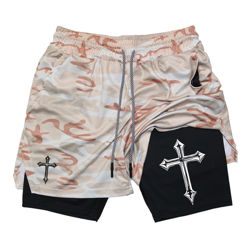 Shorts de corrida 2 em 1 com estampa cruzada para homens, shorts atléticos de academia cristã com forro de compressão, bolso para telefone, laço de toalha