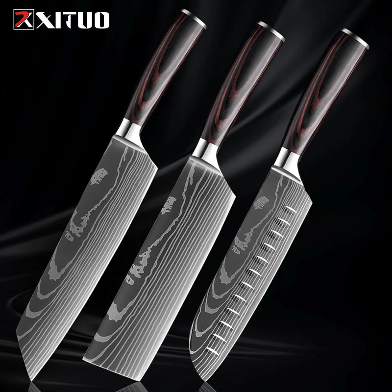 Xituo conjunto de faca de cozinha 1-9 peças, 7cr17mov aço inoxidável afiada faca de chef santoku faca de frutas cabo ergonômico pakkawoodXituo conjunto de faca de cozinha 1-9 peças, 7cr17mov aço inoxidável afiada faca