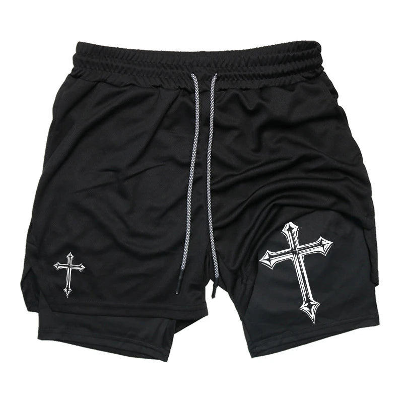 Shorts de corrida 2 em 1 com estampa cruzada para homens, shorts atléticos de academia cristã com forro de compressão, bolso para telefone, laço de toalha