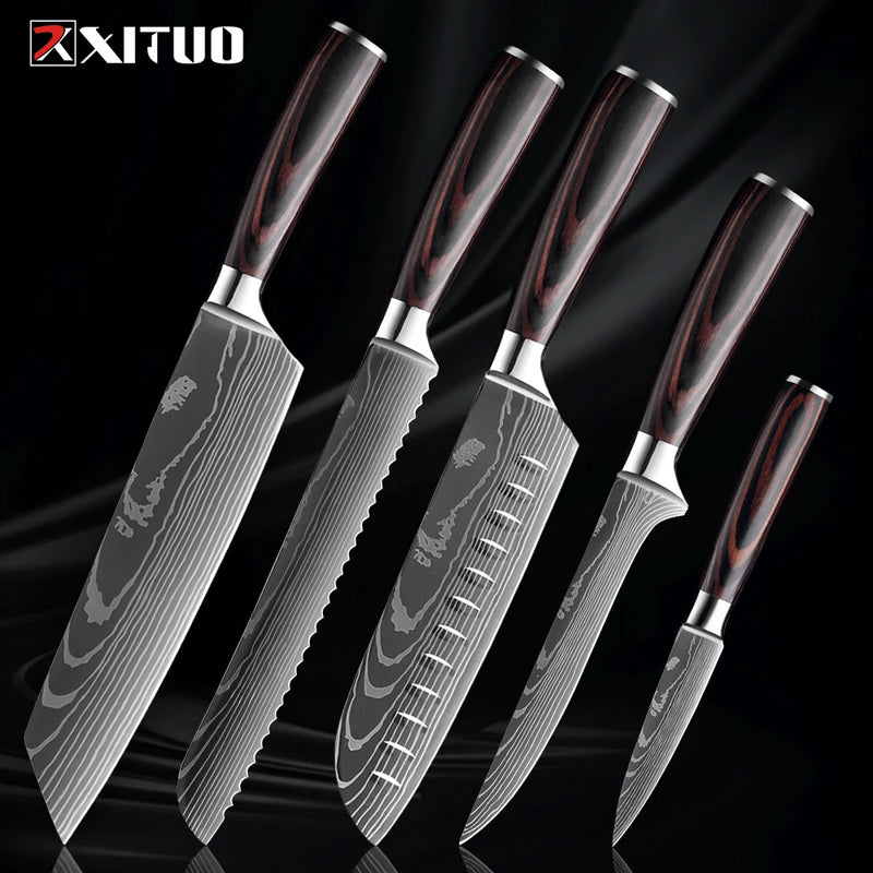 Xituo conjunto de faca de cozinha 1-9 peças, 7cr17mov aço inoxidável afiada faca de chef santoku faca de frutas cabo ergonômico pakkawoodXituo conjunto de faca de cozinha 1-9 peças, 7cr17mov aço inoxidável afiada faca