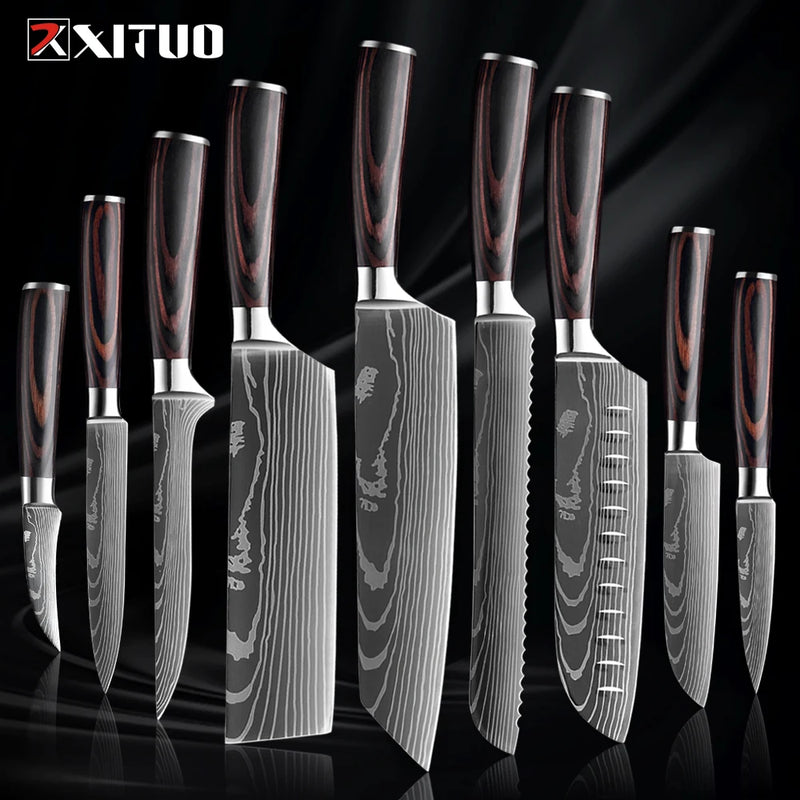 Xituo conjunto de faca de cozinha 1-9 peças, 7cr17mov aço inoxidável afiada faca de chef santoku faca de frutas cabo ergonômico pakkawoodXituo conjunto de faca de cozinha 1-9 peças, 7cr17mov aço inoxidável afiada faca