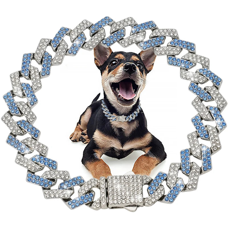 Coleira cubana de diamante para cachorro, corrente de metal para caminhada com fivela segura, acessórios de joias para gatos e animais de estimação